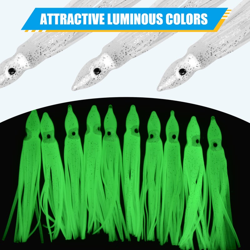 SILANON Fishing Squid Skirts Lures, 60pcs Luminous Octopus Skirts Trolling Lures Soft Plastic Fishing Bait Set for Bass Salmon Trout Multicolored 12cm - Image 4